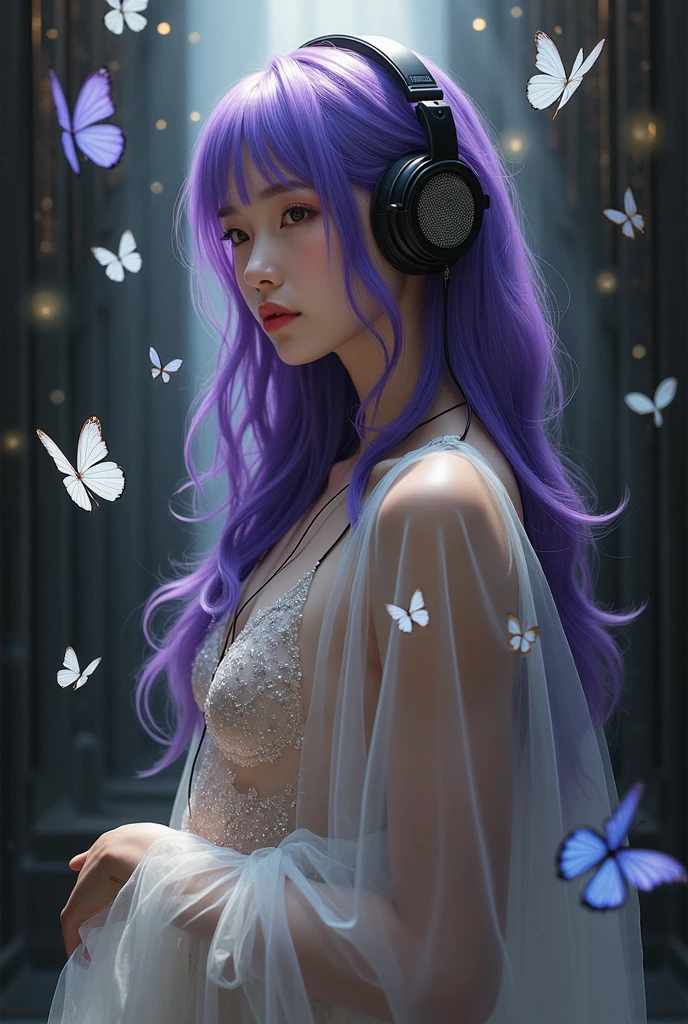 Korean purple haired butterfly woman with headphones and name hell boy instead of flames but she protected by butterflies and seeing the photo of a handsome man in transparent white clothes shiny scenery perfect face