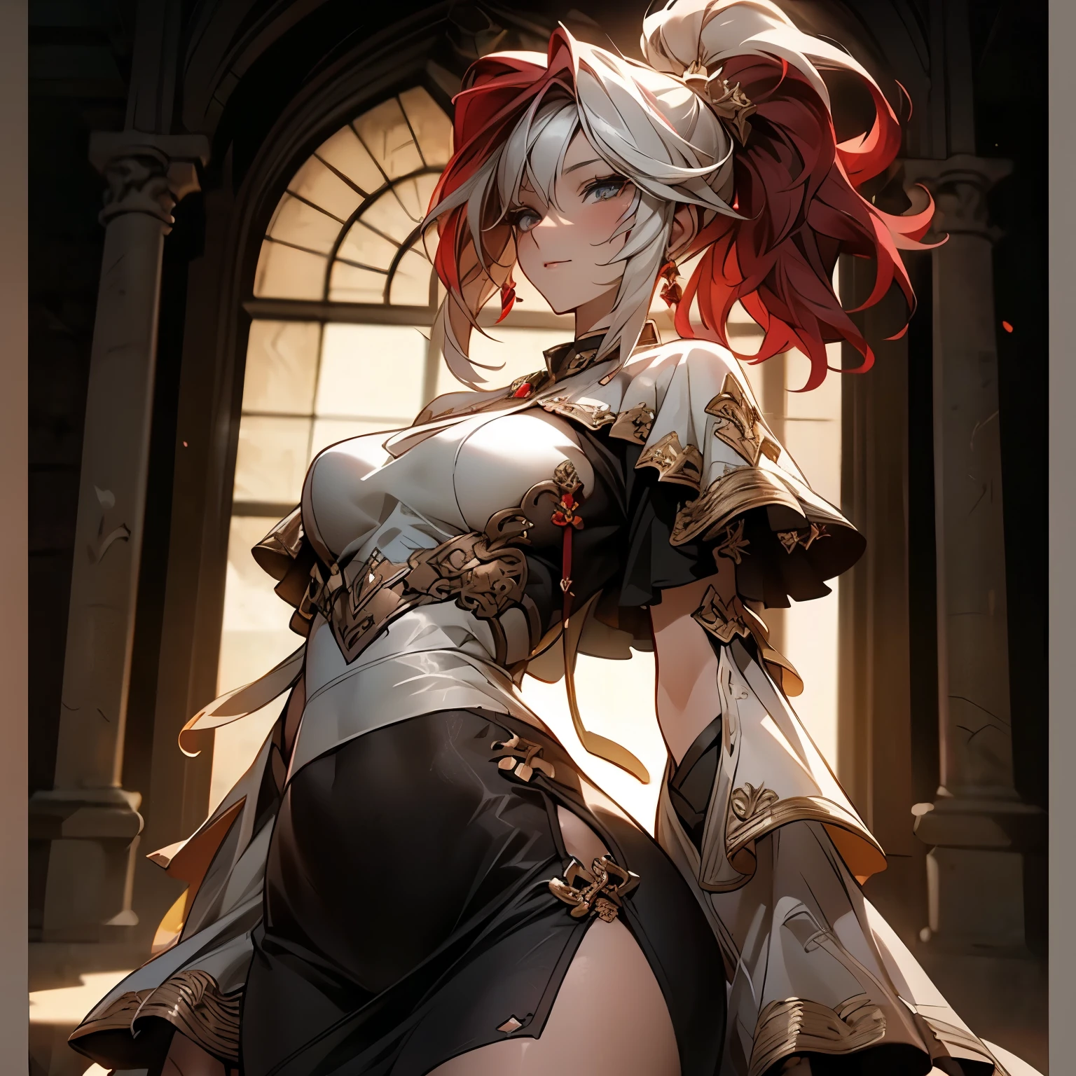 (best quality)), ((Masterpiece)), (details:1.4), 3d, HDR (high dynamic range), an image of a beautiful cyberpunk female, fantasy, medieval, cyberpunk, Red hair, high ponytail, hips up, Beautiful White eyes, จมูกโด่ง, ปากแดง, หน้าอกใหญ่, nvidia RTX, PBR surface, After processing, Anisotropic filtration,depth of field, Maximum clarity and clarity, multi-layered surface, Subsurface scattering, perfect proportions, 8K raw files, ultra detailed, Perfect proportions, volumetric lighting, soft lighting, Holy Paldin, Heavy black Armor, intricate Silver embroidery, glossy skin, Castle Background, jewely, ต่างหู, mini black skirt,