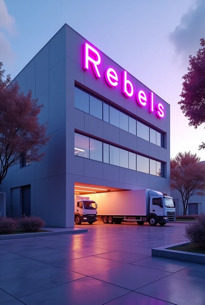 The building of a company called REBELS.
Specifications: The name REBELS has to be purple, the source can be STICK The building can be simple and modern With a garage, delivery trucks leaving, but the garage didn't need to be so prominent. very realistic