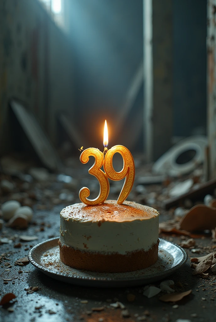 (photorealism:1.2), photo of a birthday cake left in a gloomy empty dump. Above it is a Tiny candle in the shape of the number "39", detailed by Alphonse Mucha