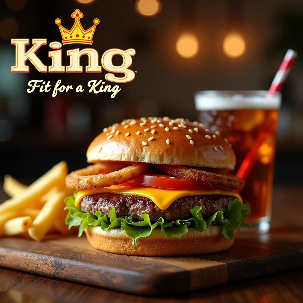 A mouth-watering advertisement for a burger brand called King, showcasing a juicy, perfectly grilled burger with a thick beef patty, melted cheddar cheese, fresh lettuce, ripe tomato slices, and crispy golden onion rings. The burger is placed on a rustic wooden board with a side of crispy fries and a refreshing soda in the background. The scene is styled to look appetizing, with warm lighting emphasizing the sizzling, juicy details of the burger. Include the King logo in bold, regal font in the top corner with a crown symbol subtly incorporated into the design. The background is a soft blur of a cozy, inviting diner setting, giving a warm and welcoming vibe. Emphasize the tagline 'Fit for a King' subtly in the bottom corner to enhance the brand identity, Focus on the burger and its details to make it look irresistible, Create a cozy, welcoming atmosphere to attract viewers, Include the brand's logo and tagline to enhance recognition.