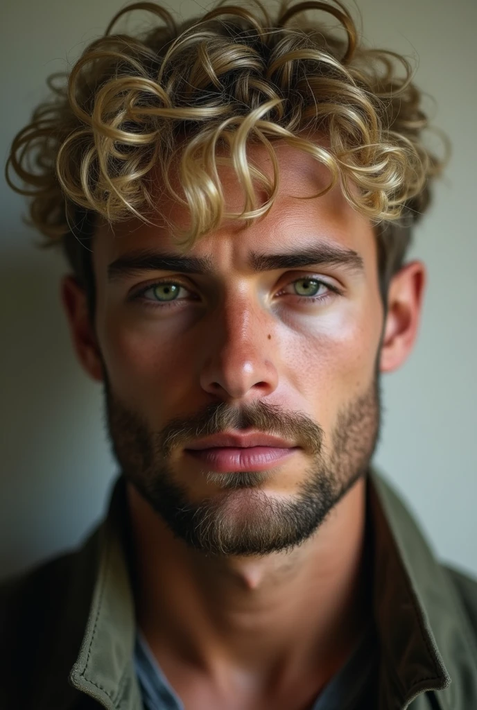 Young man short curly pale blond hair, beard collar and light green eyes