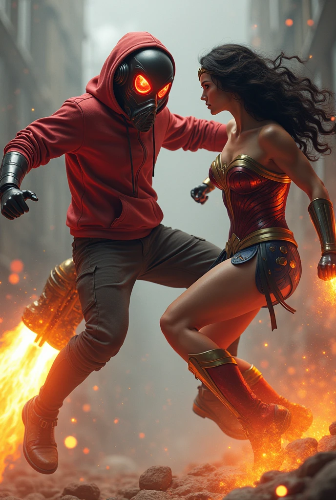 Young Kid with red hoodie, headphones, star-lord helmet, gas helmet, covered mouth, round red eyes, Red eyes, rocket boots, Vs, wonder woman, big breasts, Fighting, power, fiction, full body, fire in boots, poweful spells, realistic, 2 person, flying.