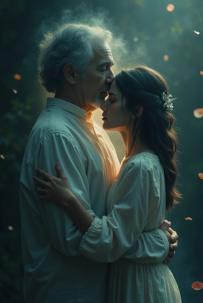 A hugs a male spirit while crying.
Father and daughter Amidst shadows