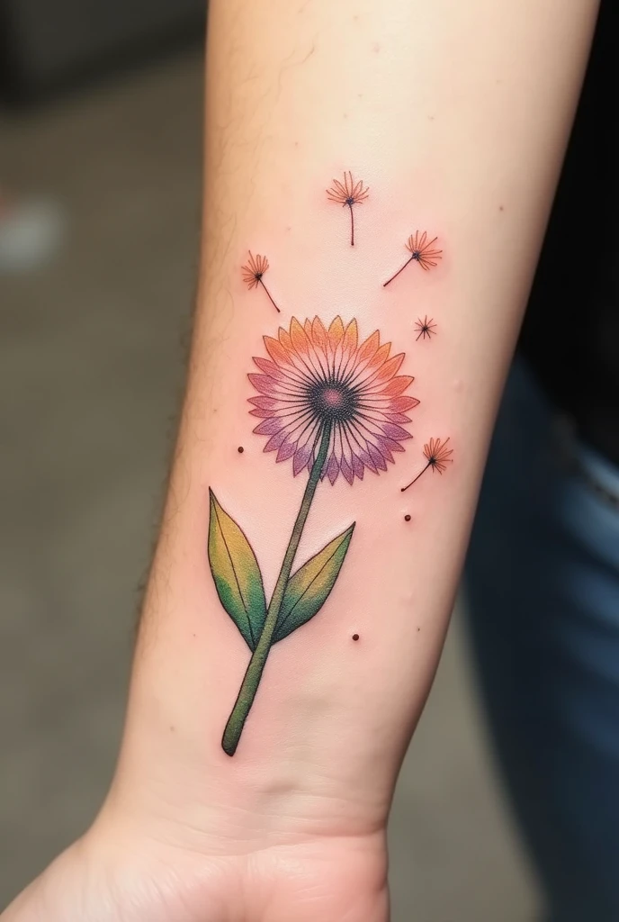A dandelion flower tattoo, with fine and realistic details, starting on the wrist. Some petals of the flower are delicately detached, floating away as if carried by the wind towards the hand. The whole composition is rendered in a watercolor style, with bright and shaded colors. The colors should be bright. add a small shadow of a father and daughter near the flower