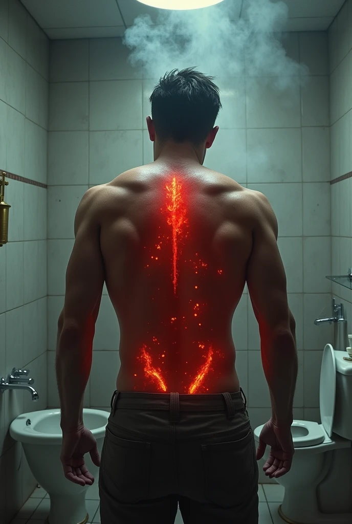Lucifer shirtless standing in bathroom crying in pain as my scars on back red burning