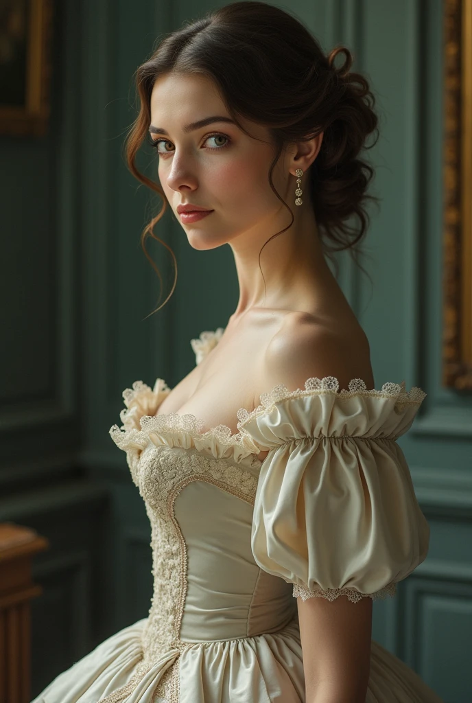 woman looking to the right in old fashioned dress, half body