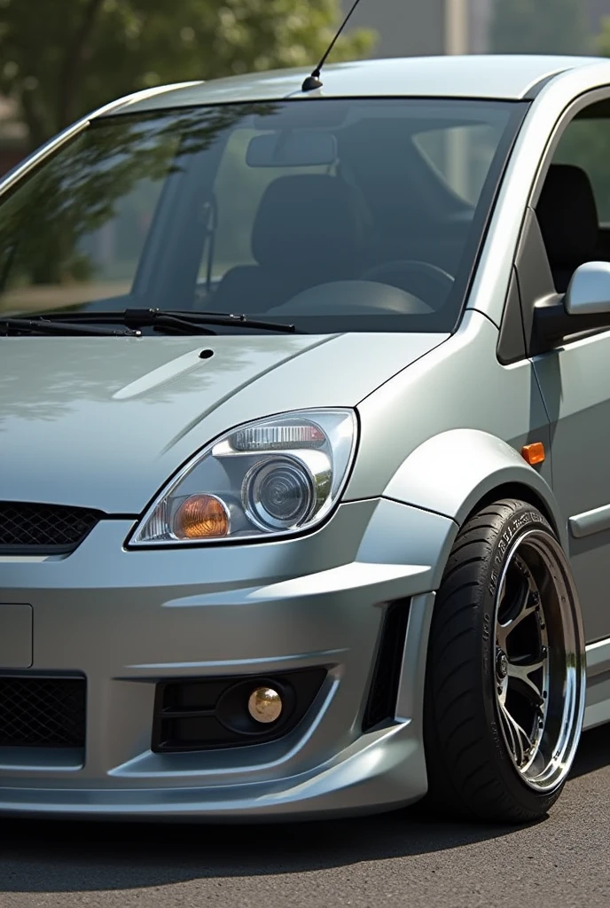 Make a 2007 model fiesta sedan with body kit, Make it realistic, image at an angle that shows as much of the car as possible, silver color, It has to be the sedan model and make another image below showing the rear of the car