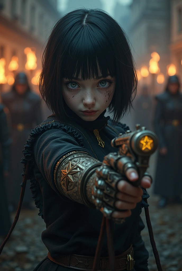 Pale girl with short black hair, from the realistic middle ages, blue colored eyes, dark clothes with detailed steampunk prosthetic arm, holding a flintlock pistol with a pentagram, cut on the face, the night, in the background an angry religious group with fire behind