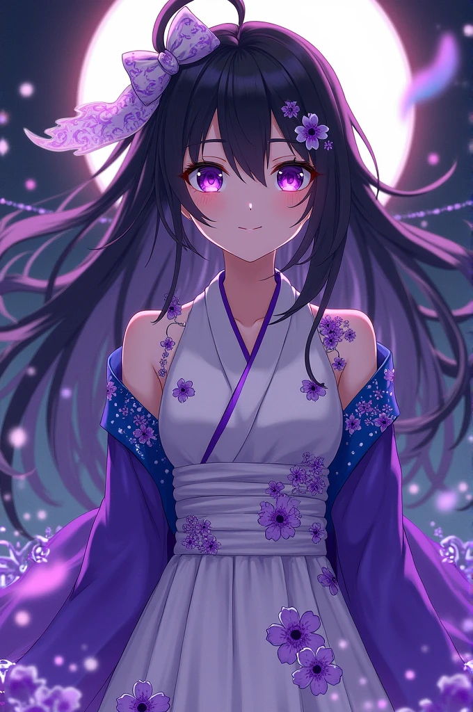 Create a screenshot of Kimetsu no Yaiba with a girl with black hair and a bow, With dark, bright violet eyes and a calm smile, She is wearing a white dress with purple flower patterns, a violet and blue haori with white sparkles.Haslo estilo kimetsu no yaiba