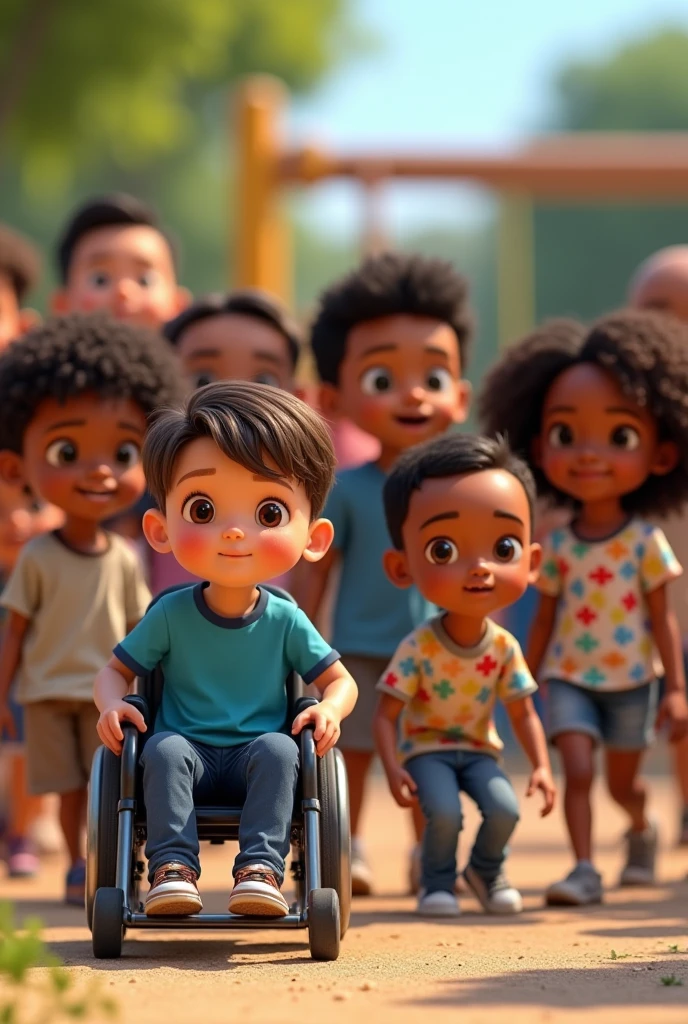 group of 17 children playing in an outdoor park, where a boy is in a wheelchair and wears a blue shirt, a girl is wearing a blouse with colorful puzzles, a boy is wearing a colorful puzzle shirt, two boys have shaved hair, 2 girls have dark skin and curly hair, 02 girls are brunettes with curly hair, 01 has straight hair with bangs, 02 girls have curly hair , 01 has green eyes, cute pixar 3d image