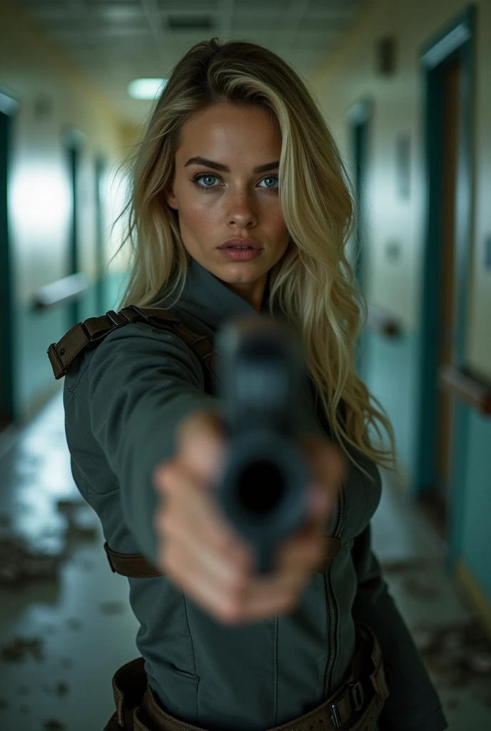 (best quality, photorealistic, ultra detailed) A girl in a corridor of an abandoned hospital, gray military clothing, blue eyes, blonde hair, gun in hand, closeup portrait, front view, beauty