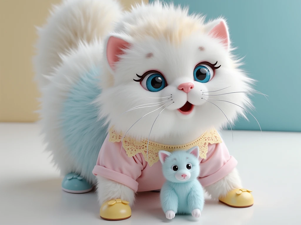 full length,do not cut your head,plush very fluffy cat, White wool, like a stoat, Stands on its hind legs, in a yellow lace dress, yellow shoes, blue doll eyes with big eyelashes, smiles with open mouth, speaks, moves his paws, spreading out the sides, 3D стиль, 8k , 4K, HD, clean background, style, I guess, votive