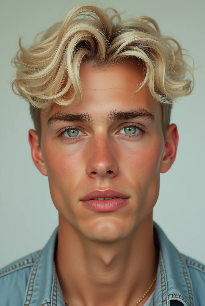 Young man short curly blond platine and light green eyes