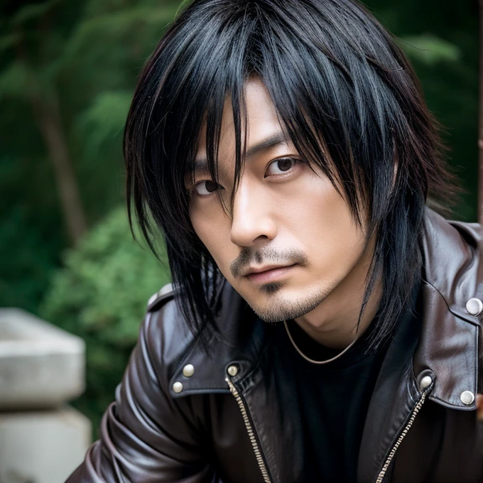 1  Japanese male rocker, Asian eyes, muscular, broad shoulders,  hairstyle Visual Kei style, hair Visual Kei, black rocker clothing, ultra detailed face, hyperrealistic, realistic representation, 40 years old, age 40 years, black and bonde hair, long hair 