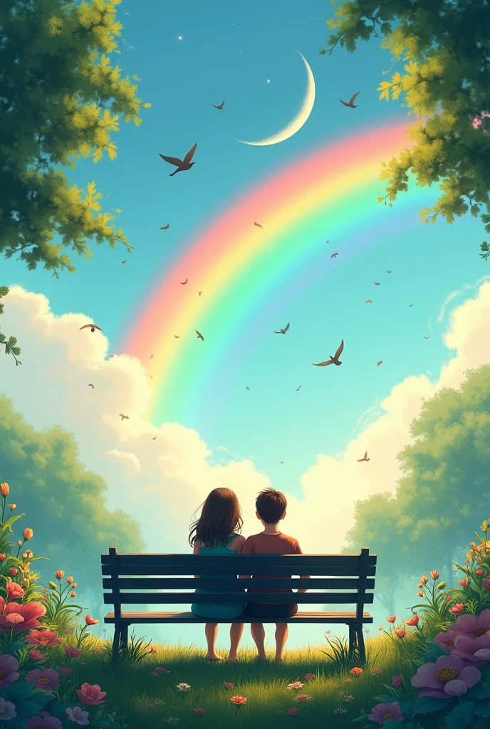Couple sitting on a bench with their backs turned.
Nature background with flowers and birds w rainbow and white clouds and moon