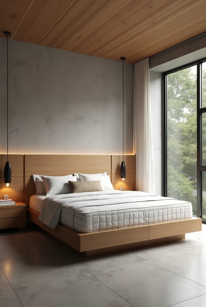 Contemporary youth bedroom  ,cama box king, super realistic render vray  , medium glass window , wide perspective  , lateral view , matte floor , natural freijo wood headboard panel , luxury, Cinematic Soft Vray, Northeast of Brazil , high quality rendering, render vray, Smooth, studio-quality rendering, vray 8k rendering, very realistic 3D rendering, render in vray, very realistic render