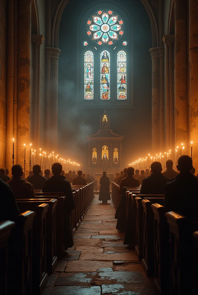 villagers praying inside an ancient church by candlelight