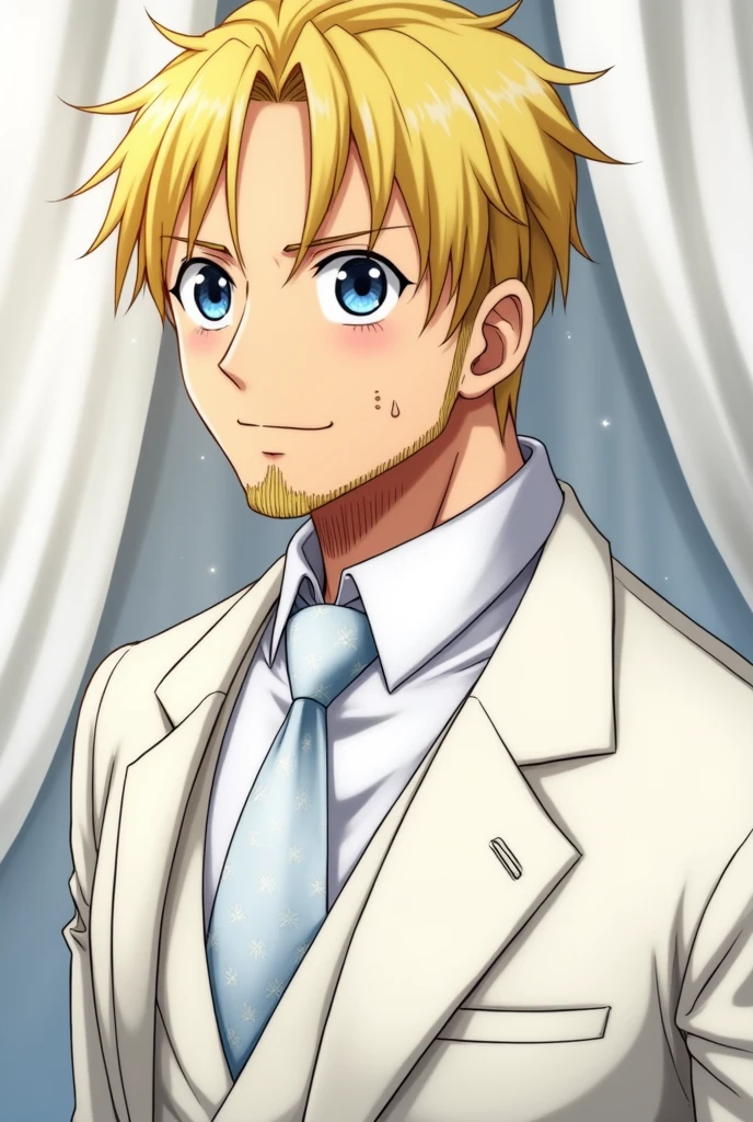 Create a One Piece character in Sanji fanart, a man with blue eyes, "blonde hair on the right side", his face with a beard and a little mustache, with swirly eyebrows, Elegant white wedding suit and blushing with a curtain on her head. Animation by Toei Animation. 