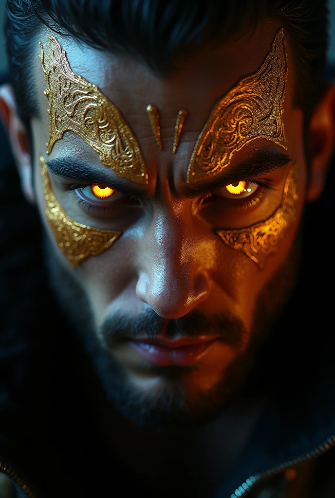 male close up, gold glowing eyes, gold facial tattoo