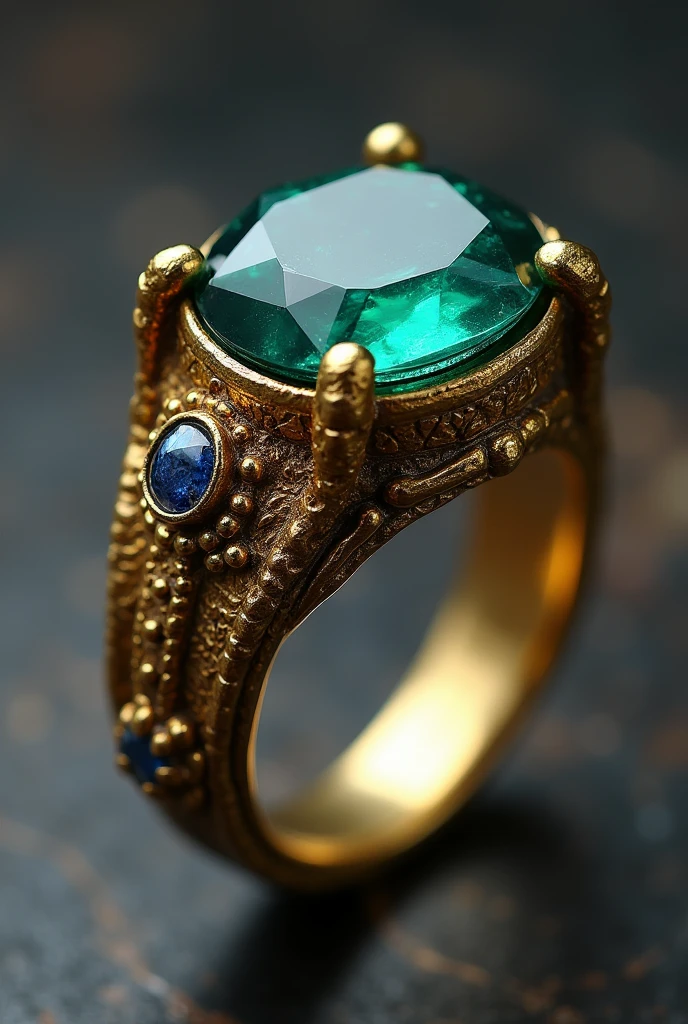 Picture a ring with a rough, slightly tarnished gold band, resembling treasure he's found on one of his adventures. The centerpiece might be a large, striking gemstone—perhaps a deep, ocean-blue sapphire or an emerald with a hint of pirate green. The setting would be intricate and ornate, with small, hidden details like tiny engravings or gems embedded in the thin band, giving it a sense of mystery and treasure. It would definitely have an adventurous flair, reflecting Jack’s free-spirited and unpredictable nature.