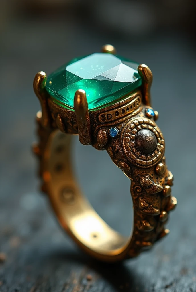 Picture a ring with a rough, slightly tarnished gold band, resembling treasure he's found on one of his adventures. The centerpiece might be a large, striking gemstone—perhaps a deep, ocean-blue sapphire or an emerald with a hint of pirate green. The setting would be intricate and ornate, with small, hidden details like tiny engravings or gems embedded in the thin band, giving it a sense of mystery and treasure. It would definitely have an adventurous flair, reflecting Jack’s free-spirited and unpredictable nature.