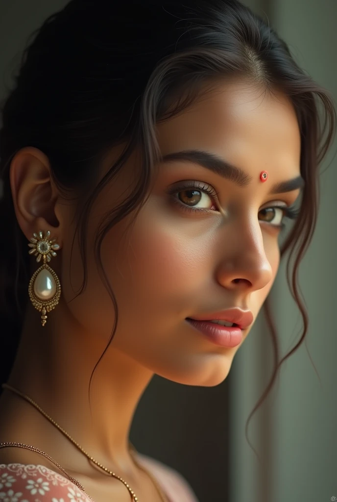 Pearl tops image in ear of beautiful indian lady