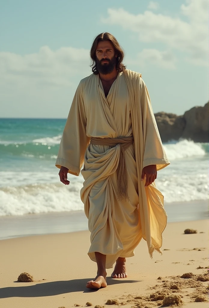 Jesus Christ walking on the beach, realist, foto realist, detailed face, Detailed hands, whole body, perfect