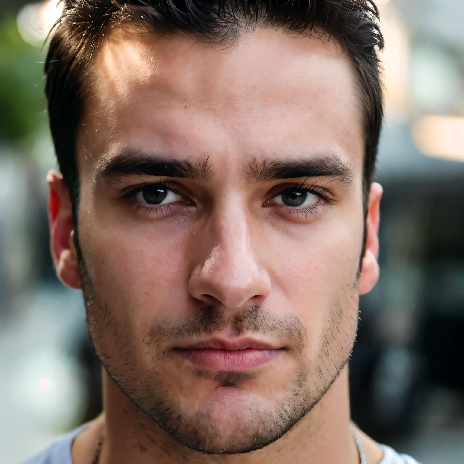 Create an ultra-realistic image of a man around 2, staring at the screen with an intense and thoughtful expression. The image should focus on facial details, including clear, bright eyes, a subtle smile, and well-defined facial features, with a headset. The man has fair skin, short black hair, and a clean-shaven look. Every detail, from the texture of his skin to the light reflections in his eyes, should be crisp and lifelike. The background should be out of focus, enhancing the realism of his face and expression.