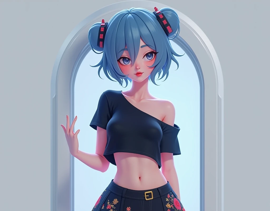 Animation, virtual, 1 cute girl (1), Chinese Face, upper body, Thin waist, small breast, sexy pose, mischievous face, smooth, blue hair, Random hairstyle, rift, navel, shirt collar, shirt collarbone, open shoulder, seductive smile, Wear sexy and sexy outfits with exquisite details., Black t-shirt and hot skirt. Flat gray for background