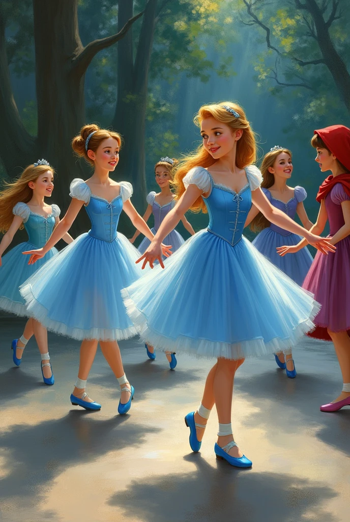 Reproduce artwork The Dancers in Blue by Renoir. Insert the intervention of adding Cinderella in the form of a cartoon into the original image, Rapunzel in a cartoon and Little Red Riding Hood in a cartoon dancing ballet with Renoir's ballerinas. Disney characters in cartoons must wear ballet flats