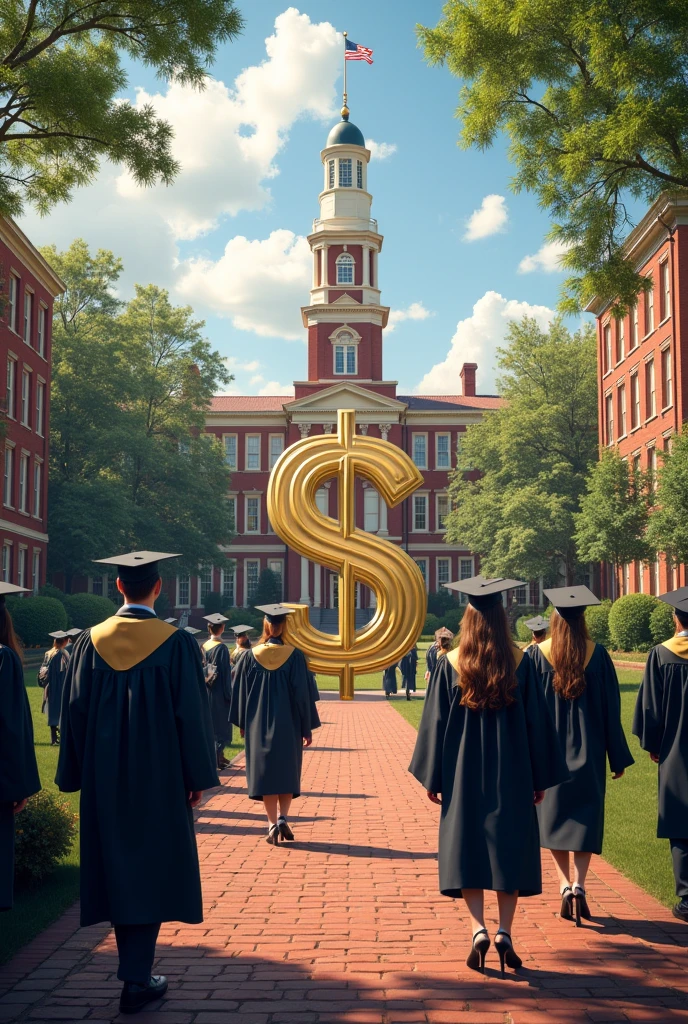 - **Background:** An iconic university campus with classic and elegant buildings, like Harvard's. It may include a red brick facade or a distinct academic environment..
- **Main Elements:**
- **usa flag:** Hanging or visible somewhere on campus.
- **Dollar Symbol:** A big dollar sign ($) in an elegant style, prominently positioned.
- **Texts and Graphics:** Include phrases like "International Opportunities" ou "Conquer the World with English", perhaps superimposed or integrated into the background.
- **Additional Detail:**
- **Students or Graduates:** People dressed in academic attire (like gowns and caps) to emphasize the university context.
- **Financial Elements:** Graphs or stacks of dollar bills to represent financial gains and opportunities.