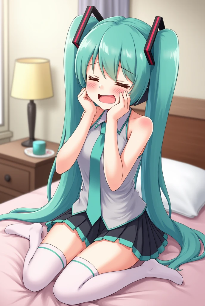 hatsune miku, farting, sitting on bed, angry, cute, fart, thigh high socks