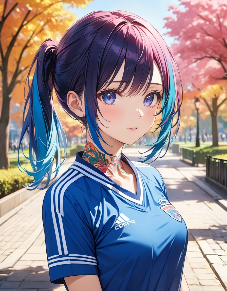 1girl, masterpiece, 8k, high quality, very detailed, beautiful face, detailed eyes, tattoo on neck, blue sport uniform, city park background, medium breast, multicolored hair, outdoors, colorful trees, ImgFixerPre0.3