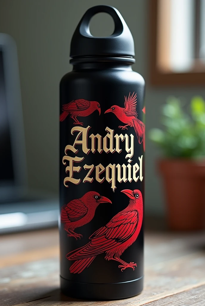 Create a personalized thermos with a black design and that has the name Andryezequiel and drawings of red and black crows. And the name that looks classic, that shows the name Andry among the crows.