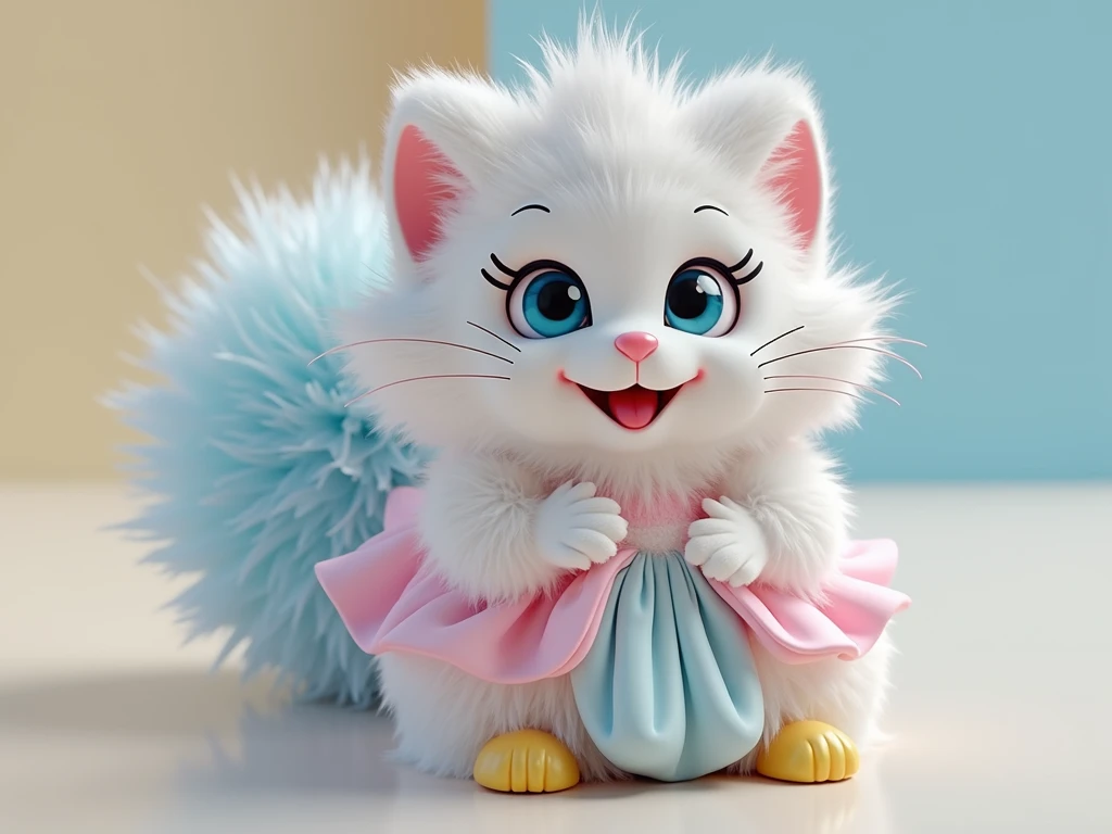 full length,do not cut your head, plush very fluffy cat, White wool, like a stoat, Stands on its hind legs, in a dress, yellow shoes, blue doll eyes with big eyelashes, smiles with open mouth, speaks, moves his paws, spreading out the sides, 3D стиль, 8k , 4K, HD, clean background, style, I guess, votive