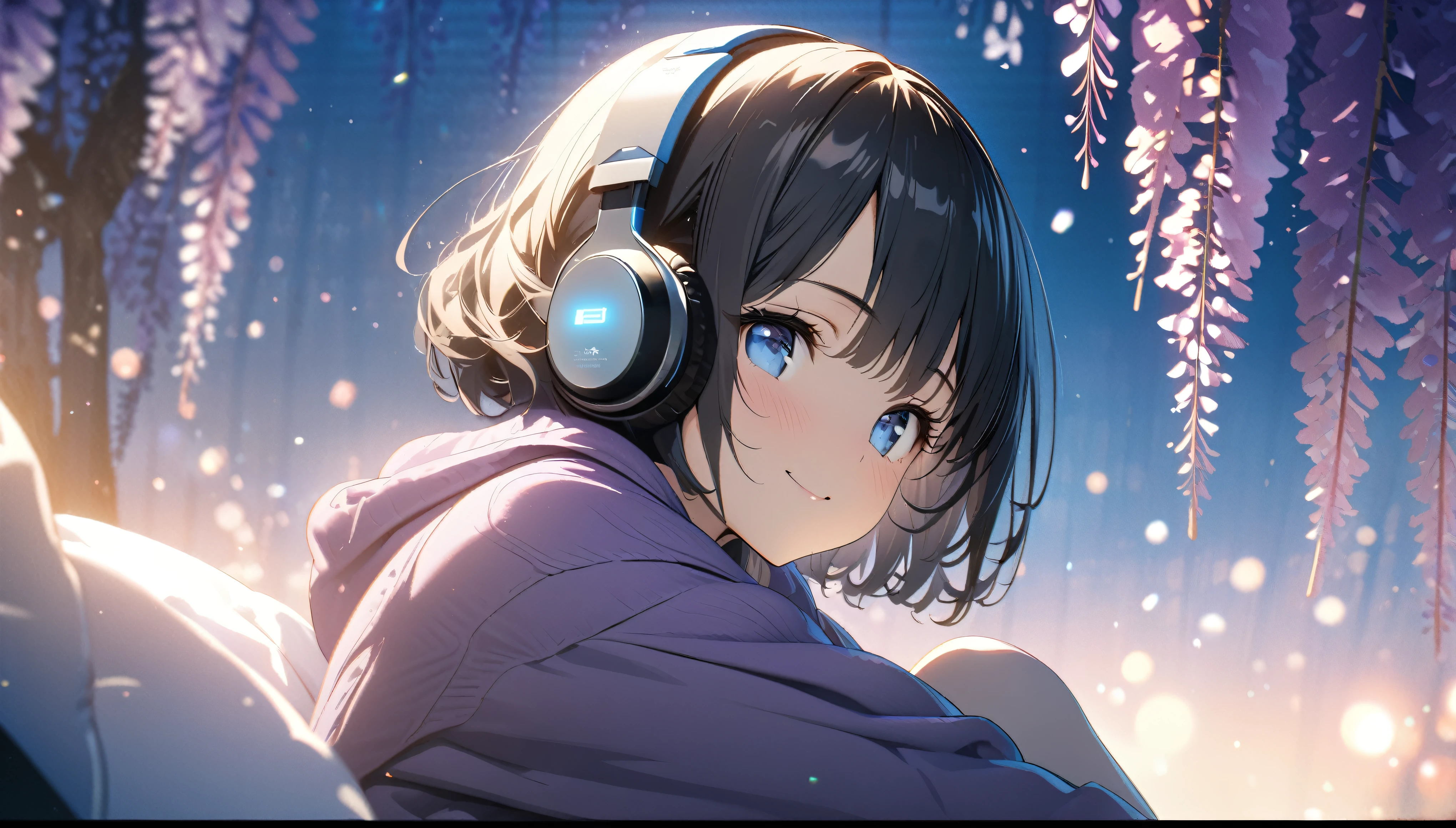 ((ultra-detailed))/(one women with short black hair and bob hair.、beautiful blue eyes,.、smile、gentle smile on her face、flat chest, one Beautiful girl,((masterpiece, illustration, best quality) ((ultra-detailed))/)Masterpiece\,wearing headphones and sitting the Japanese Wisteria trees while wearing purple hoodie,濃い青とBeautiful Blueのグラデーション, High resolution, 8K HD detail, hyper-detail, cinematic, surrealism, soft light, deep field focus bokeh, ray tracing and surrealism. --v6'