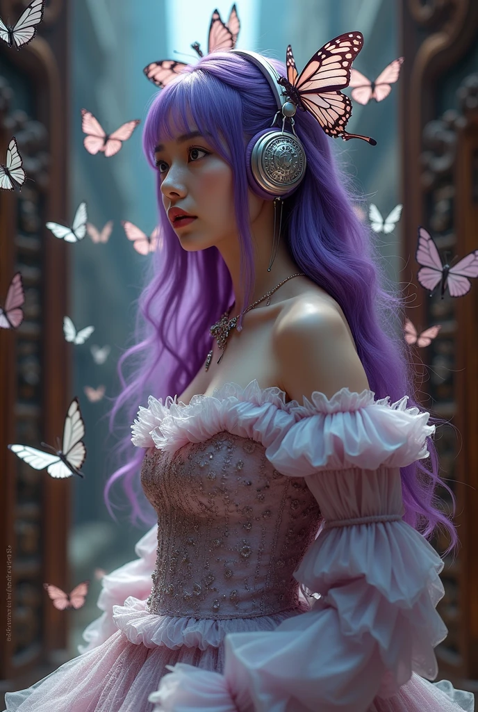 Korean purple haired butterfly woman with headphones and name hell boy instead of flames but she protected by butterflies and seeing the photo of a beautiful man in transparent white clothes shiny scenery perfect face several butterflies and photo of beautiful man and photo of beautiful man