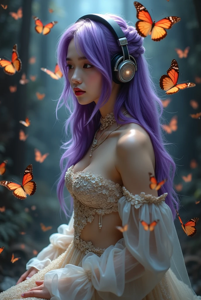 Korean purple haired butterfly woman with headphones and name hell boy instead of flames but she protected by butterflies and seeing the photo of a beautiful man in transparent white clothes shiny scenery perfect face several butterflies and photo of beautiful man and photo of beautiful man