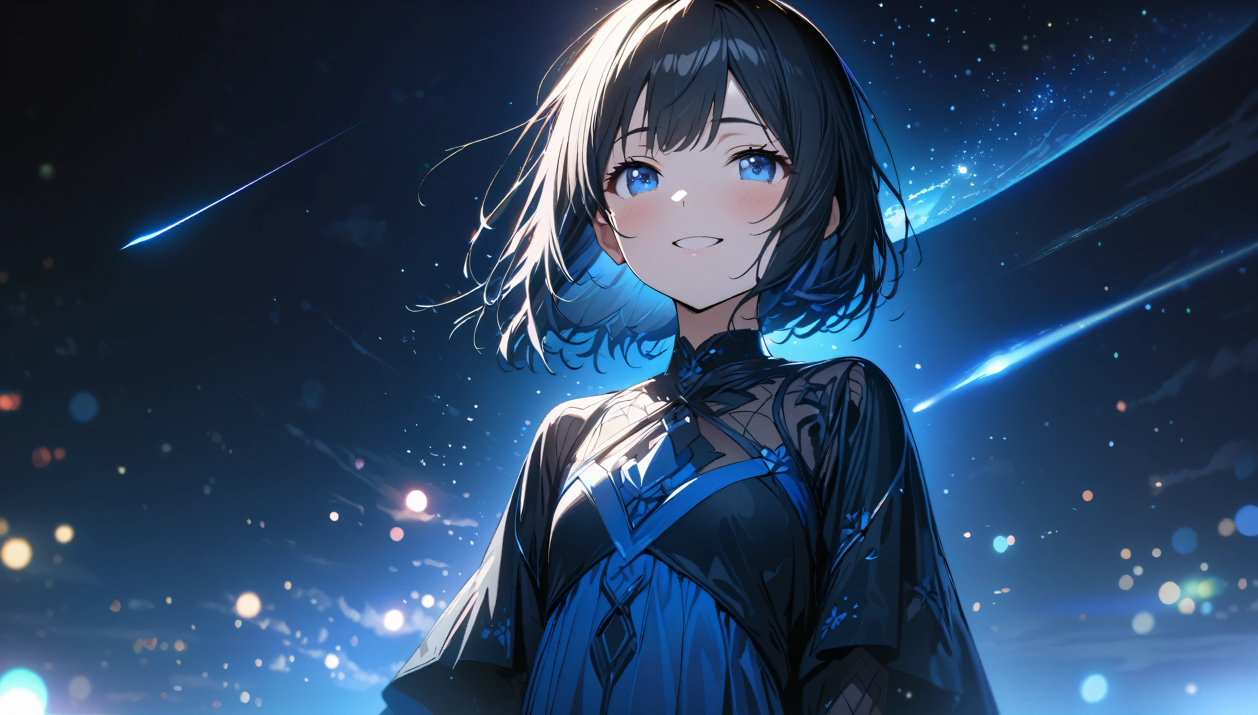 one girl, black short hair and bob hair、beautiful blue eyes、smile、gentle smile on her face、flat chest, one Beautiful girl,((masterpiece, illustration, best quality) ((ultra-detailed))\、standing on a field viewing the night sky with dark clouds and stars, a comet passing by, and many stars, upper body, pink and blue night sky, 濃い青とBeautiful Blueのグラデーション, High resolution, 8K HD detail, hyper-detail, cinematic, surrealism, soft light, deep field focus bokeh, ray tracing and surrealism. --v6