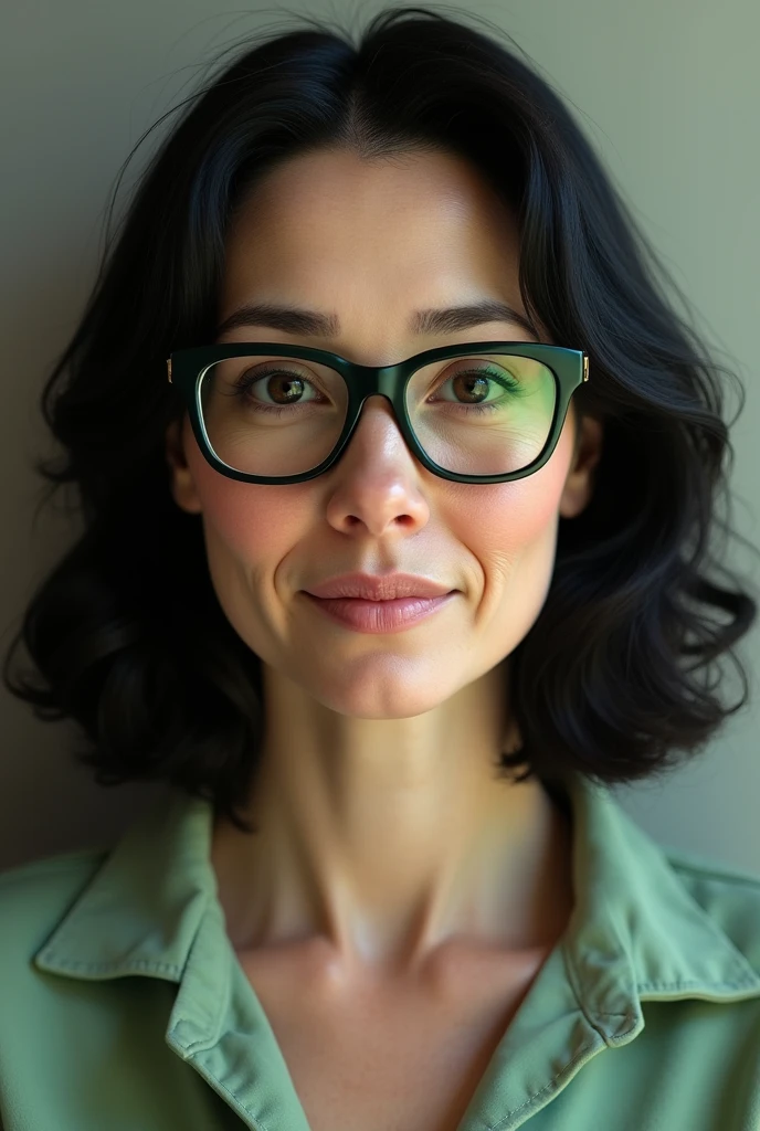 A woman in her fifties without wrinkles, with a fairly large forehead, with thin eyebrows, with medium-sized black eyes, with a medium-sized potato nose, with medium-sized black hair, With a medium mouth, with very dark green glasses, quite square and Quite fleshy