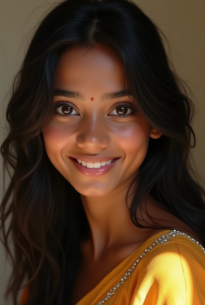 Please create a kerala indian girl .she is a white , hair Black,5.6 height smile face. Image Front of camera
