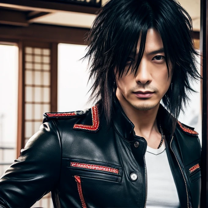 1 Japanese male rocker, Asian eyes, muscular, broad shoulders, hairstyle Visual Kei style, hair Visual Kei, black rocker clothing, ultra detailed face, hyperrealistic, realistic representation, 40 years old, age 40 years, black and bonde hair, long hair