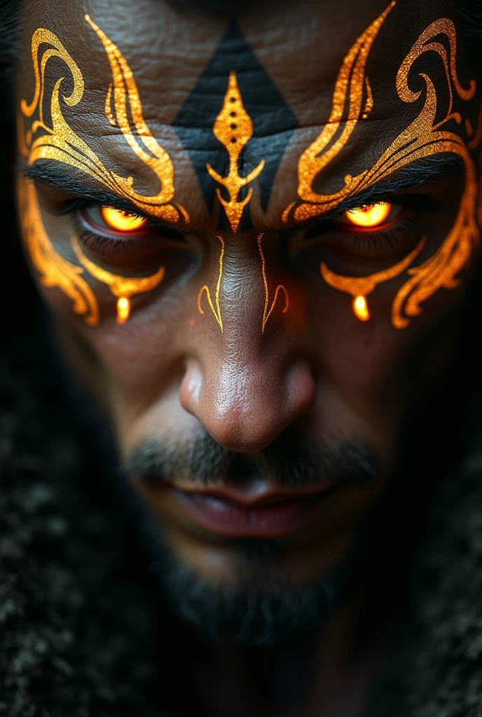 male close up, gold glowing eyes, gold facial tattoo tribal