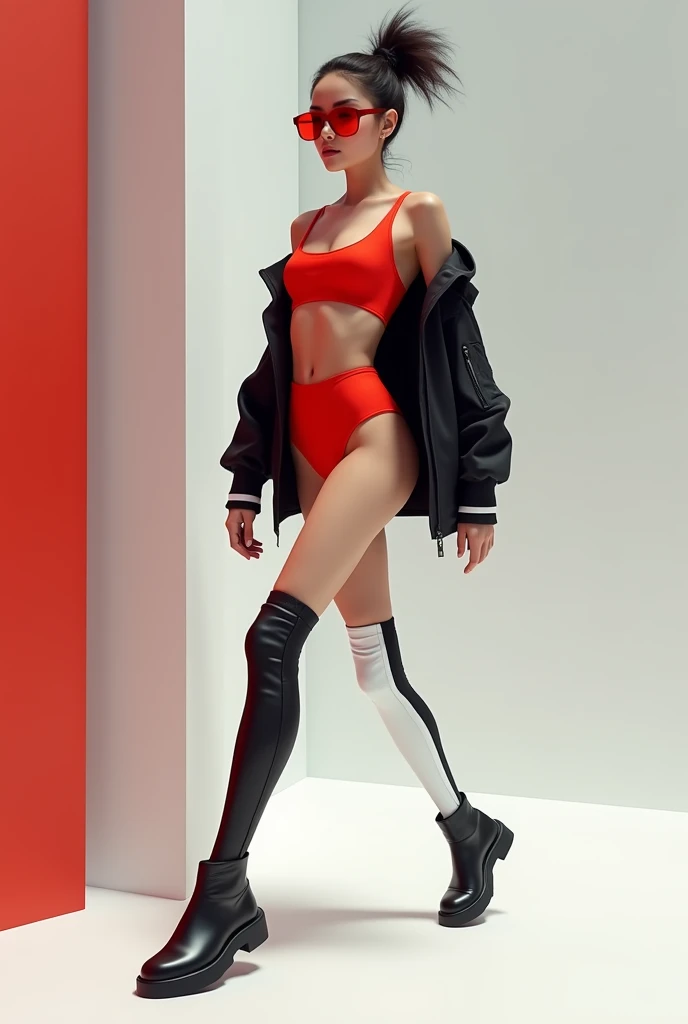 Create an image of a person wearing a red two-piece swimsuit, Black short-sleeved jacket and white and black pants