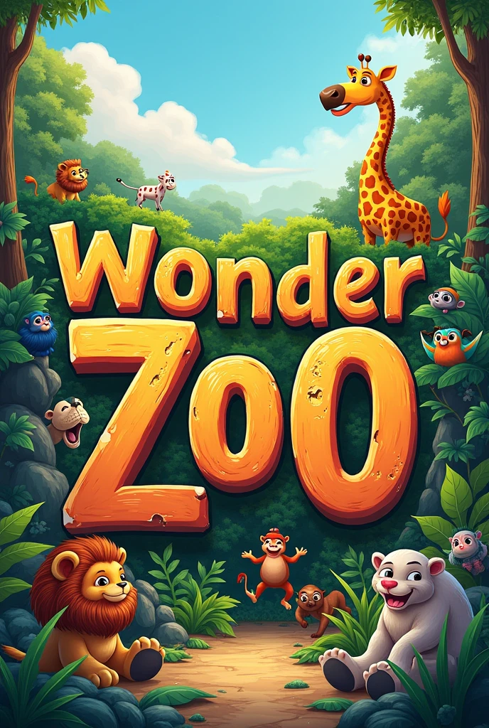 Create an image, with the theme Zoo, at the top of the image, write the words in a personalized way "Wonder Zoo" and at the bottom, merge images of real animals compatible with the theme, with resolution 600 x 400