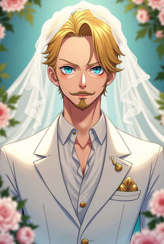 Create a One Piece character in Sanji fanart, a man with blue eyes, "blonde hair on the right side", his face with a beard and a little black mustache, with swirly eyebrows, Elegant white wedding suit and blushing with a curtain on her head. Animation by Toei Animation. 