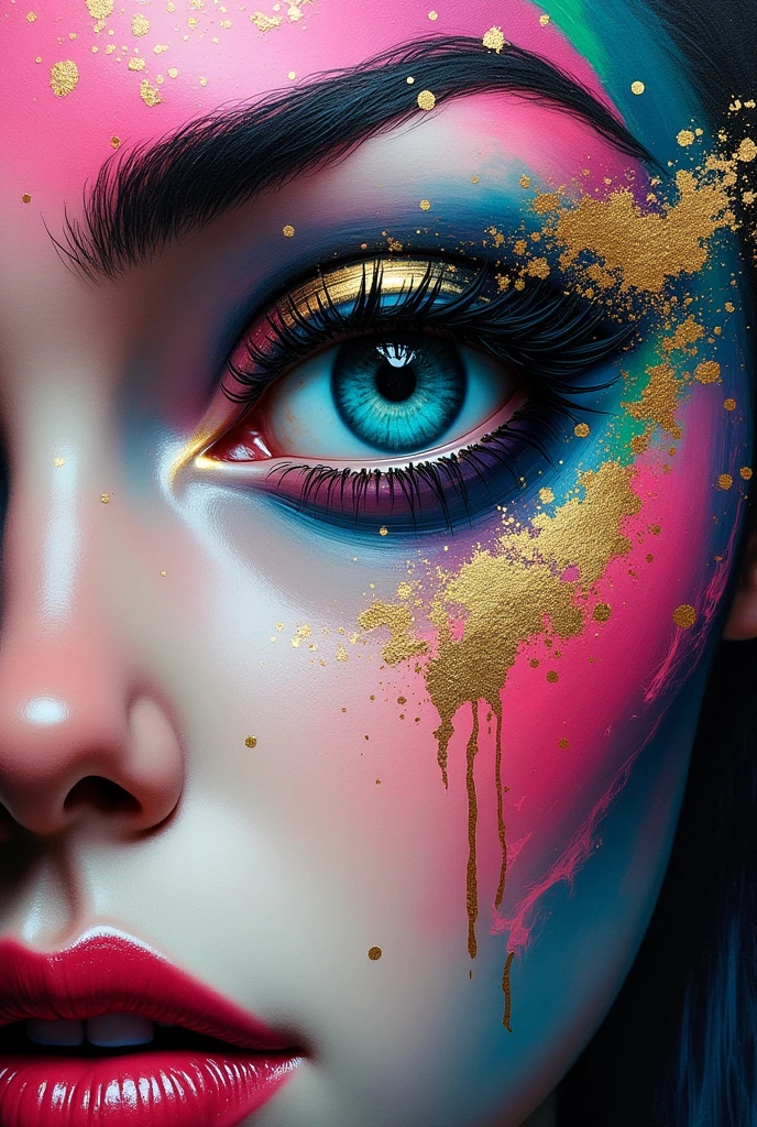 A striking and vibrant abstract portrait of a face, painted with a dazzling array of colors like pink, blue, green, and gold. The eye is the focal point, adorned with gold leaf detailing and a deep blue hue, exuding a mysterious and captivating aura. The bold, expressive brushstrokes create a dynamic and emotive atmosphere, giving the artwork a unique and powerful presence. The thick, textured paint adds depth and dimension, with colors blending and overlapping in a mesmerizing way. This captivating piece combines elements of graffiti, illustration, and painting, resulting in a fashionable and visually stunning masterpiece, with the fusion of styles creating an eye-catching and modern aesthetic., vibrant, illustration, fashion, graffiti, painting