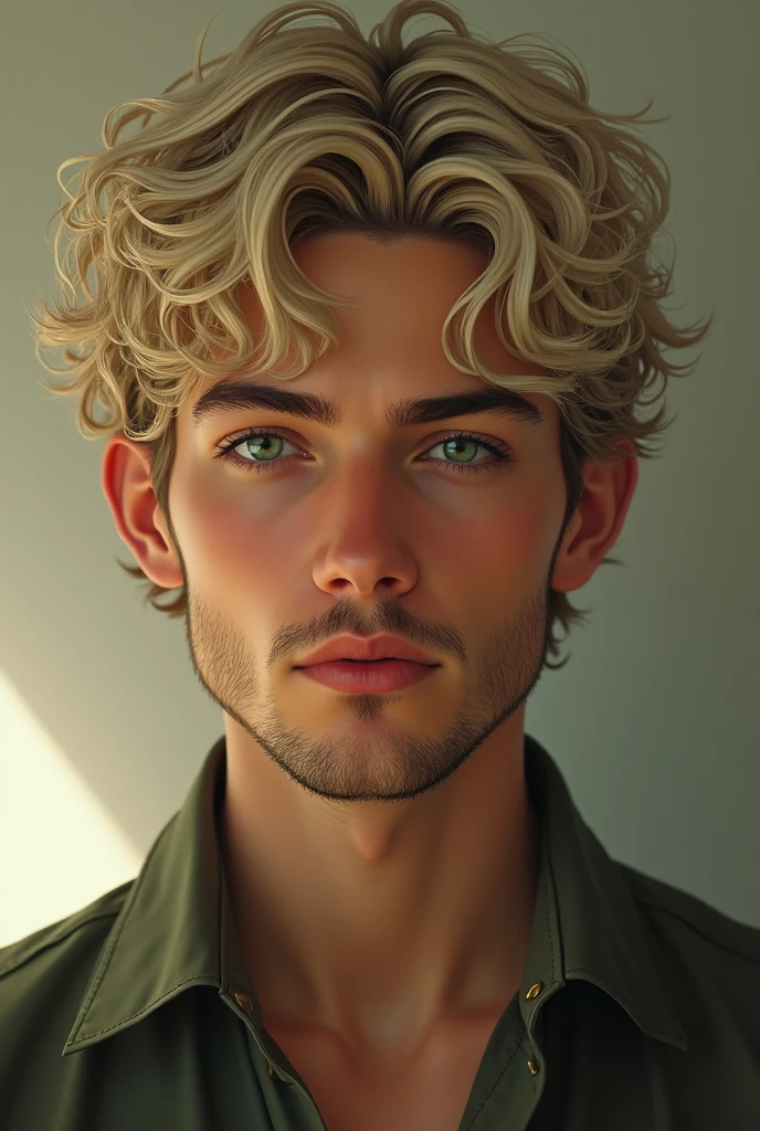 Young man short curly blond platine beard collar and light green eyes