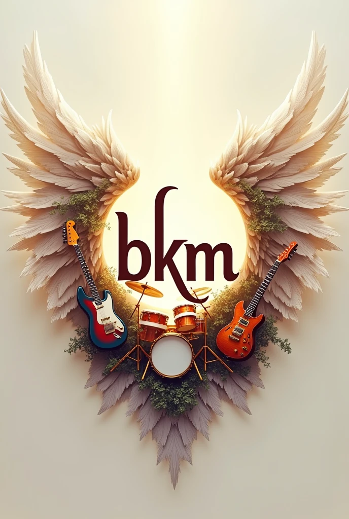 It must be written "BKM" in circular shape, against a light background. Angel wings around the "BKM". guitar, drumkit, guitar, microphone around